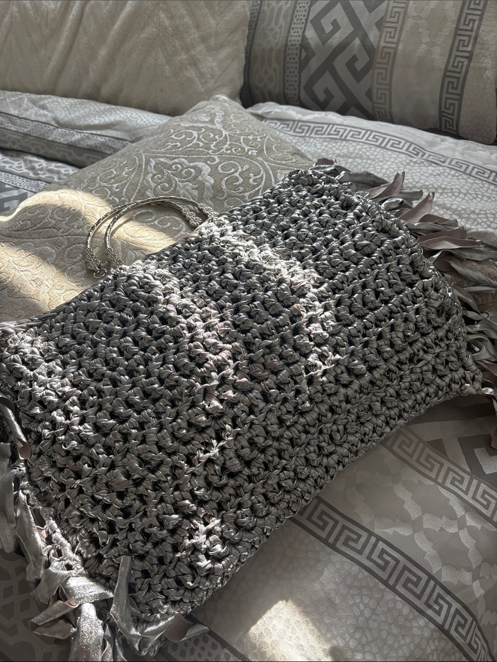 Woven Gray Crochet Tote Bag with Braided Handles - Unbranded